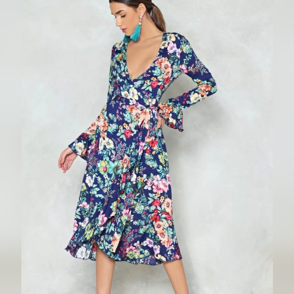 Floral ruffle wrap dress with ruffle bell sleeves